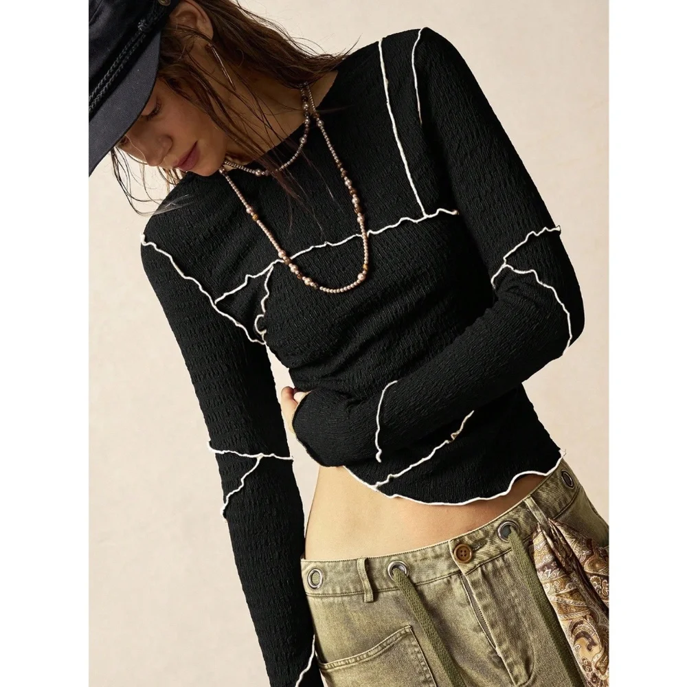 Black Long Sleeve Tee Contrast Outside Stitch Shirt